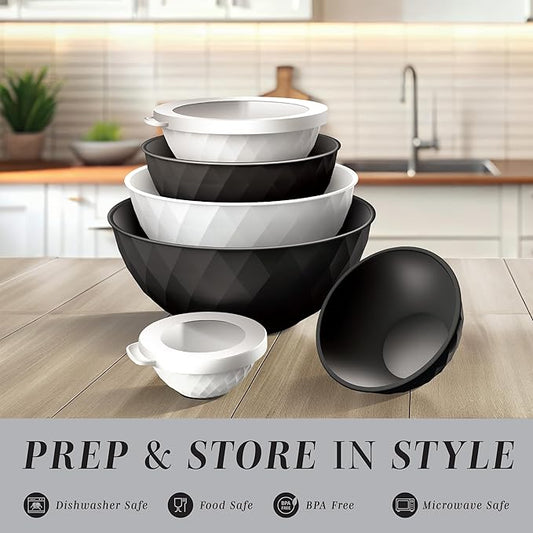 COOK WITH COLOR Mixing Bowls with Lids - 12 Piece Plastic Nesting Bowls Set includes 6 Prep Bowls and 6 Lids, Diamond Design - Microwave Safe, Black and White