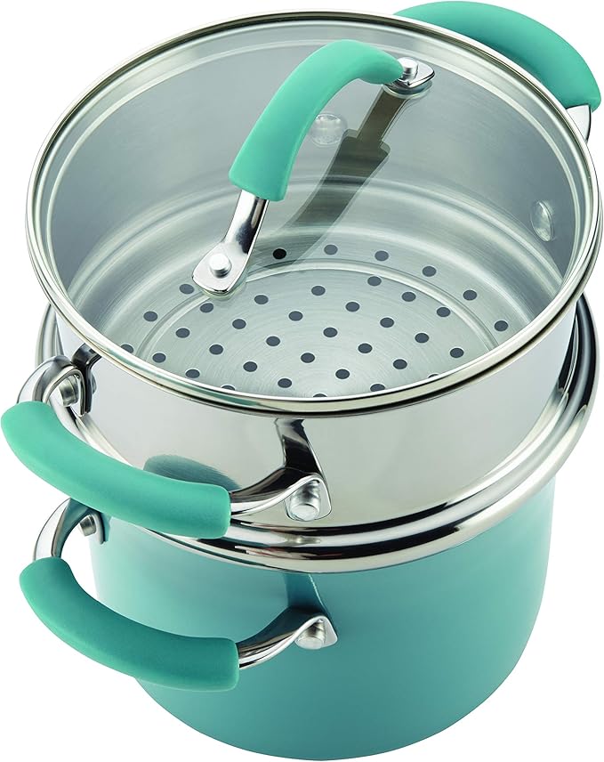 Rachael Ray Cucina Hard Porcelain Enamel Nonstick Multi-Pot / Steamer Set, 3-Quart, Agave Blue - 16799