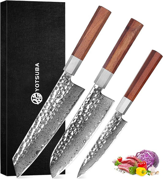 YOTSUBA 3PCS Japanese Chef Knives Set,Damascus Kitchen Knives Set with Hand-forged High Carbon Steel Blade,Ultra Sharp Cooking Knife Set with Ergonomic Wood Handle for Chopping Vegetable and Cooking