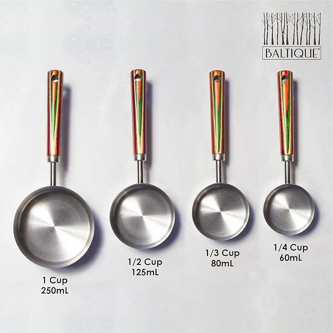 Totally Bamboo Baltique Marrakesh Collection 4-Piece Measuring Cup Set, Stainless Steel Measuring Cups with Wooden Handles for Cooking and Baking