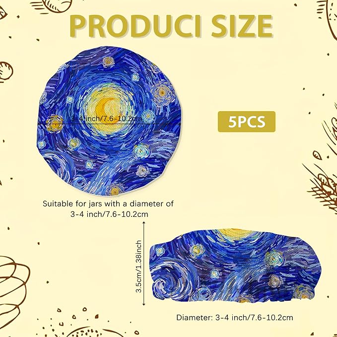 VinCent Van-Gogh Starry Night Sourdough Starter Jar Covers Reusable,Breathable Fabric Lids for Mason Jars,Wide Mouth and Regular Mouth(5 Pack)