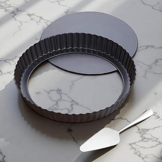 9 Inch Quiche Tart Pans with Pie Cake Server. Removable Bottom, Non-Stick Coating, Rugged Carbon Steel for Tart Quiche Baking. Gift for Women Wife Christmas Thanksgiving Party Festival Family