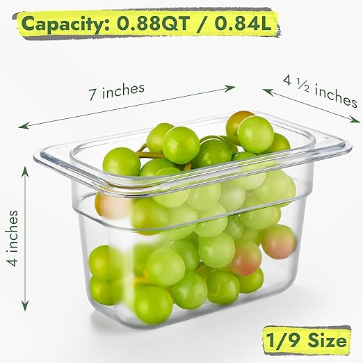 CURTA 6-Pack 1/9 Size 4" Deep NSF Polycarbonate Food Pans with Handled Lids | Dishwasher & Freezer Safe Clear Container for Prep Tables, Buffet, Salad Bar, Commercial Kitchen