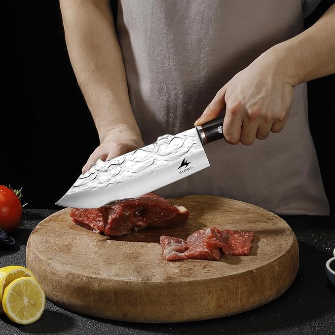 Professional Forged Butcher Knife, Sharp 8-inch High Carbon Stainless Steel Blade for Meat-Cleavers, Ash Wood Handle, with Leather Sheath Great for Home, Camping, BBQ