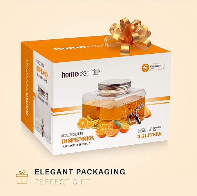 MosJos Glass Drink Dispenser for Fridge - Stainless Steel Spigot Mason Jar Dispenser with Wide Opening & Easy-Fill - Beverage Storage for Outdoor, Water, Iced Tea, Juice, Sangria & Detergent, 1 GALLON