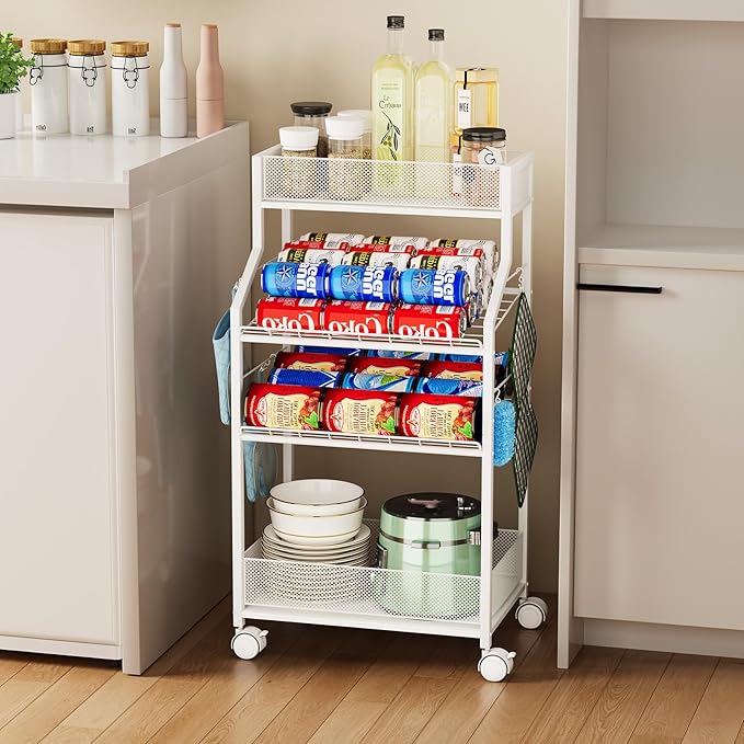 Can Organizer for Pantry - Rolling Snack Cart, Multi-Layer Soda Can Organizer for Pantry, Mobile Beverage Storage Rack with Wheels, Versatile Metal Shelf for Kitchen and Office, White