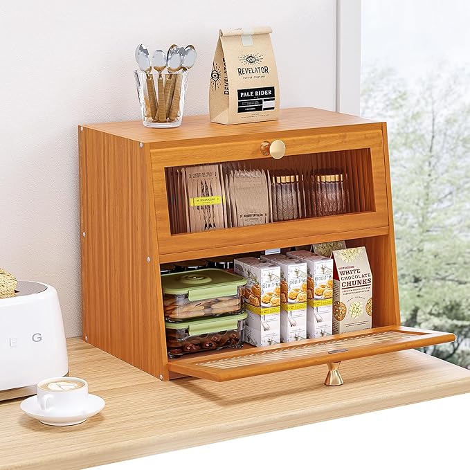 Pine Wooden Bread Box for Kitchen Countertop,Extra Large 2 Layer Breadbox Holder Farmhouse Bread Storage Container Bin Food Organizer Pantry Shelf Acrylic Window