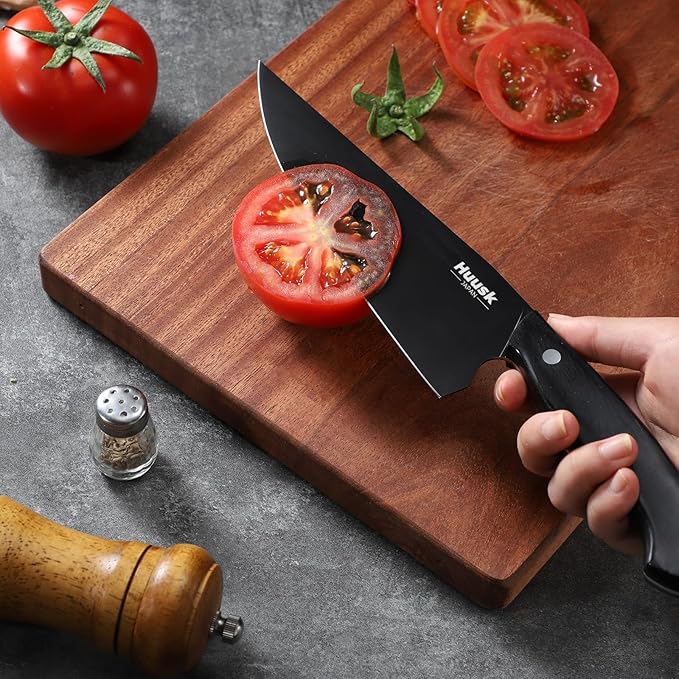 Huusk Japanese Chef Knife for Kitchen - 8in Stainless Kitchen Knife with Black Titanium Coating, All Purpose Cooking Knives for Vegetable & Meat Cutting, Ultra Sharp Gyuto Knives, Fathers' Day Gifts