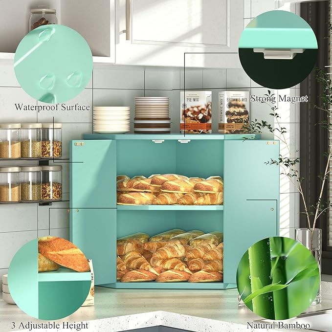 Corner Bread Box for Kitchen Countertop,Storage Container for Homemade Bread, Double Layer BreadBox, Large Capacity Bread Storage Bin, Vintage Farmhouse Breadbox Organizer, Green