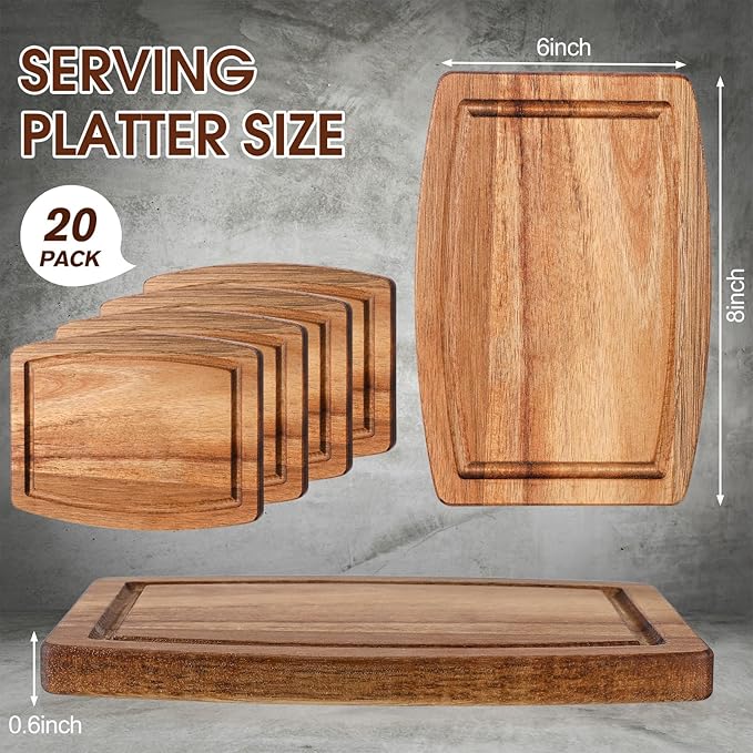 Kigley 20 Pcs Acacia Wood Cutting Boards Bulk for Laser Engraving Wooden Dinner Plates with Groove Chopping Charcuterie Board Carving Tray for Housewarming Party Gifts (8 x 6 Inch)