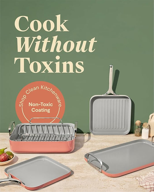Caraway Square Cookware Set - Square Pans Set - Perfect for Griddling, Toasting, Searing, Roasting, and More - Non-Stick Ceramic Coated Pans - Non Toxic, PTFE & PFOA Free - Perracotta