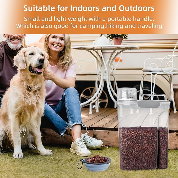 5-7Lbs Small Cat Dog Food Storage Containers BPA Free, Airtight Pet Food Storage Containers with Large Pour Spout/1 Measuring Cup/ 4 Safety Locks and With Folding Bowl (Elegant Gray)