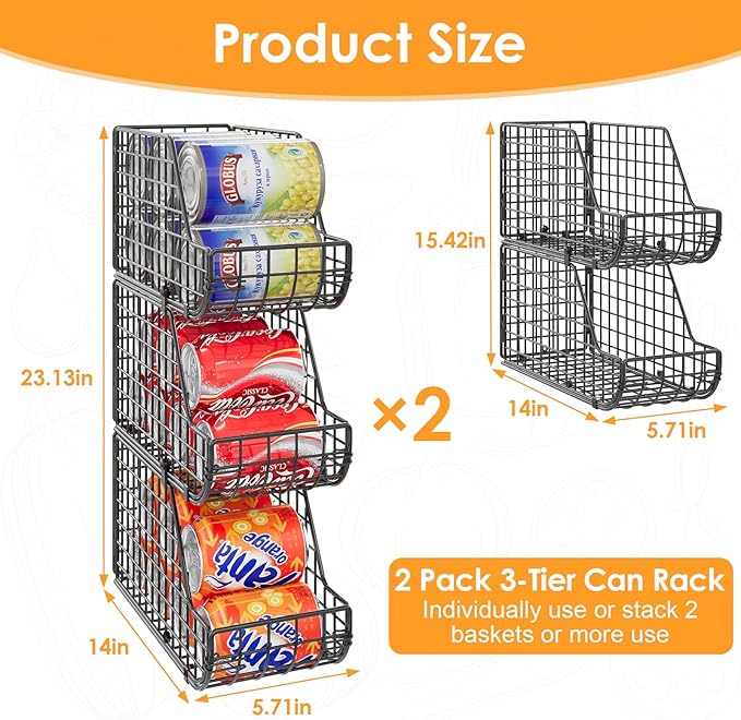 X-cosrack 6Pack Stackable Can Rack Organizer for Kitchen Pantry,Max Can Storage Holder,Durable Can Dispenser & Canned Goods Organizer for Various Ounces of Canned Food Soda Drinks, 2 Pack 3-Tier