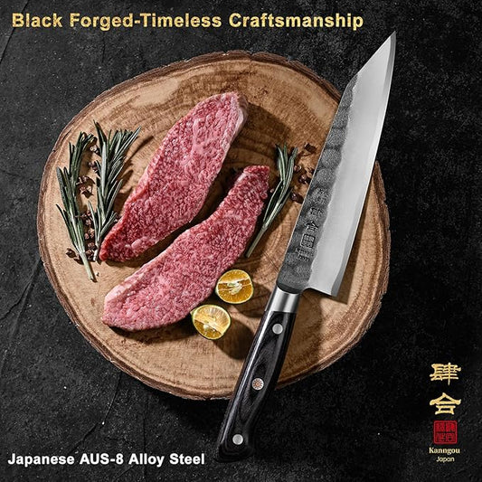 Chef Knife, Black Forged Japanese Kitchen Knife with High Carbon Stainless Steel and Full Tang Pakkawood Handle, Christmas Gift with Premium Box (8.27 Inch Kiritsuke Knife)