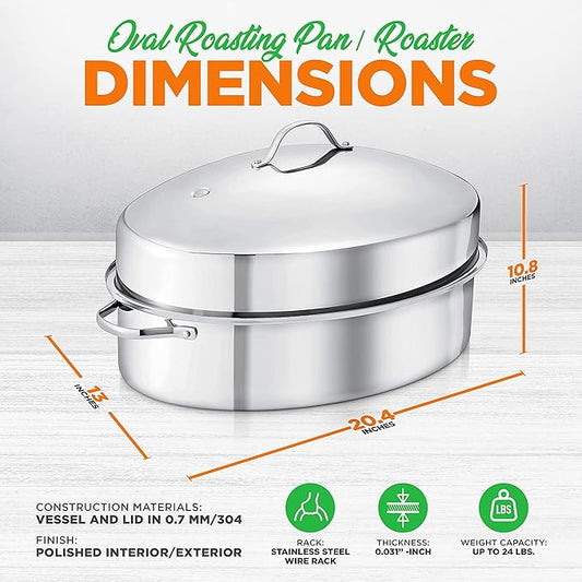 NutriChef 20" Oval Roasting Pan with Rack and Lid - Premium Stainless Steel Roaster Dish w/ Wide Handles & Removable Rack, Multi-Use Cookware for Turkey, Chicken, Stews, & More - Dishwasher Safe