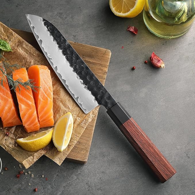HEZHEN Santoku Knife, 7 Inches, 3 Layers Clad Steel Chef Knife,Professional Japanese Kitchen Knife for Chefs and Home Cooking,Wooden Octagonal Handle