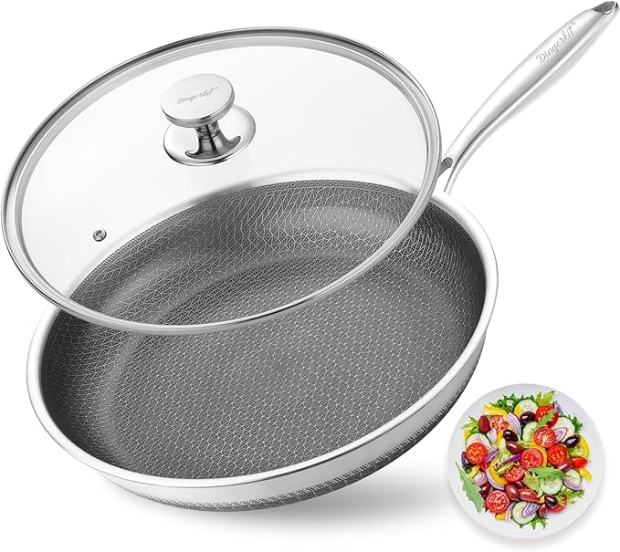 Skillets and Frying Pans NonStick with Lid, 10 inch Stainless Steel Non Stick Frying Pan Honeycomb for Kitchen Cookware - Dishwasher and Oven Safe Pan for Induction Gas Ceramic.