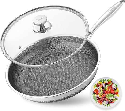Skillets and Frying Pans NonStick with Lid, 10 inch Stainless Steel Non Stick Frying Pan Honeycomb for Kitchen Cookware - Dishwasher and Oven Safe Pan for Induction Gas Ceramic.