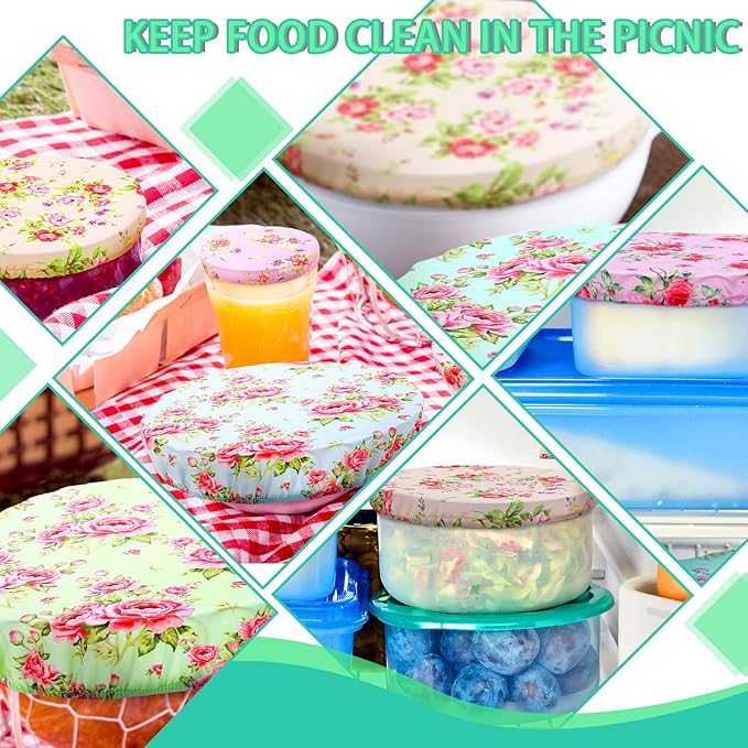Patelai 10 Pcs Bowl Covers Reusable in 5 Size Stretch Cloth Fabric Elastic Food Storage Bowl Covers Bread Sourdough Lids for Proofing Food Fruits Leftover(Floral Style)