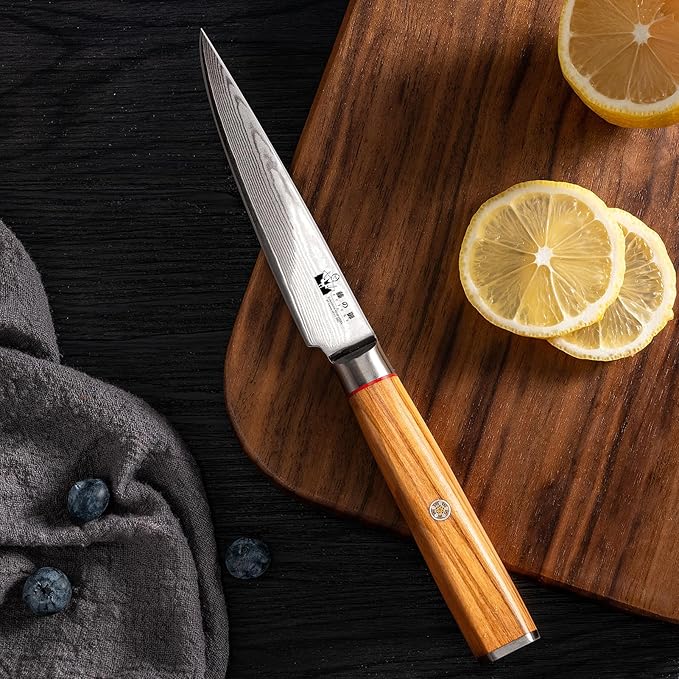 Damascus Utility Knife- 5 inch Small Kitchen Knife Damascus VG10 Steel 67-Layer -Olive Wood Handle - Razor Sharp Knife with Exquisite Box