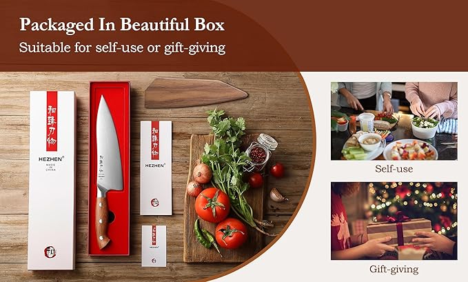 HEZHEN Pro Chefs Knives 8.3 Inch,High Carbon German 1.4116 Steel,Stainless Steel Rivets with Red Wood Handle,Razor Sharp,Super Edge,with Woodern Knife Sheath