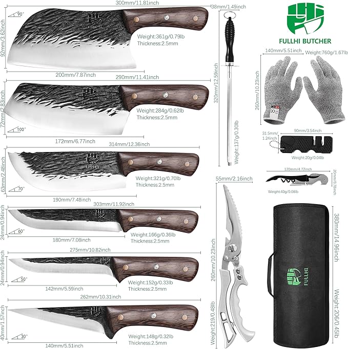 FULLHI Butcher Knife Set with Kitchen Shears, Hand Forged Chef Boning Knife With Scissors High Carbon Steel Chef Knife For Kitchen, Camping, BBQ