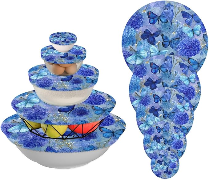 5 Pcs Bowl Covers Reusable in 5 Size Elastic Food Cover Cloth Lids Fresh Keeping Dish Cookware Bakeware Fabric Covers Lids for Food Leftovers Fruits Storage Ink Blue Hydrangea Butterfly