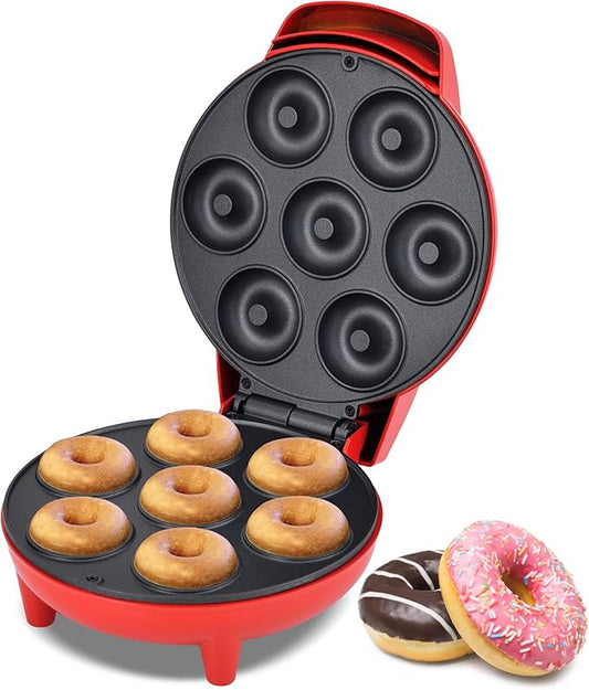 Courant Mini Donut Maker Machine for Holiday, Kid-Friendly, Breakfast or Snack, Desserts & More with Non-stick Surface, Makes 7 Doughnuts, Red