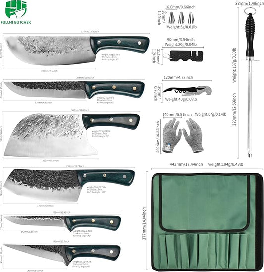 FULLHI Portable 12pcs Butcher Knife Set Green Woodhandle with Knife Bag Hand Forged Chef Boning Knife High Carbon Steel Viking for Kitchen, Camping, BBQ