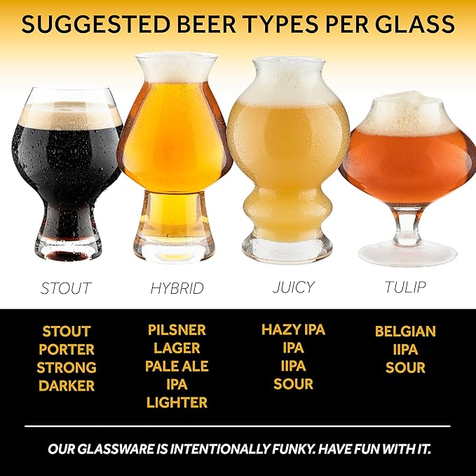 Hollen Walker Premium Beer Glasses Set of 4, Craft IPA Beer Glass, Beer Gifts for Men, Pilsner, Modern Beer Glasses, Beer Gift, Stout, Pint Glass