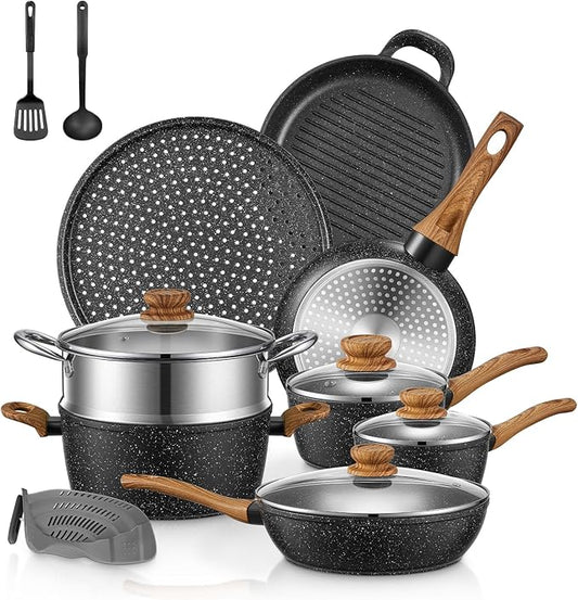 FOHERE Pots and Pans Set with Lids 15 PCS, Aluminum Nonstick Induction Cookware Sets, with Frying Pans, Saucepans, Stock Pot, Pizza Pan, Griddle Pan, and Food Steamer, Silicone Food Strainer, Black
