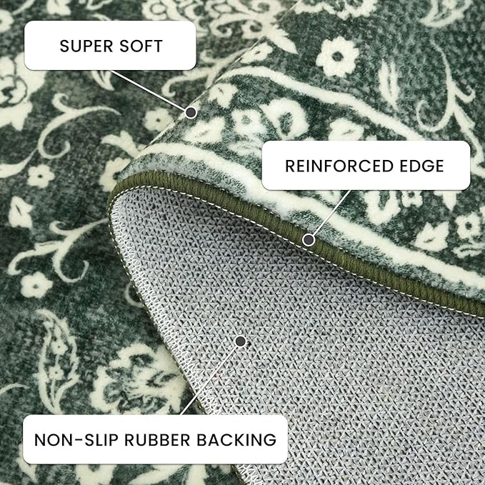 Vintage 2x7 Runner Rug, Forest Green Washable Runners for hallways, Super Soft Kitchen Runner Rug Non Slip, Print Faux Wool Floral Thin Carpet Runner for Entryway Indoor Bedside Runner