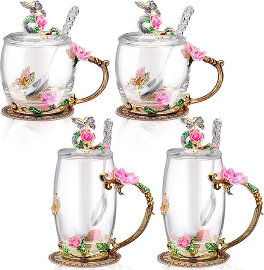 Nuanchu 4 Sets Flower Glass Tea Cups with Lids and Spoon Butterfly Vintage Glass Coffee Mugs Floral Fancy Clear Teacup for Christmas Women Mom Wife Girlfriend(Pink,11 Oz,12 oz)