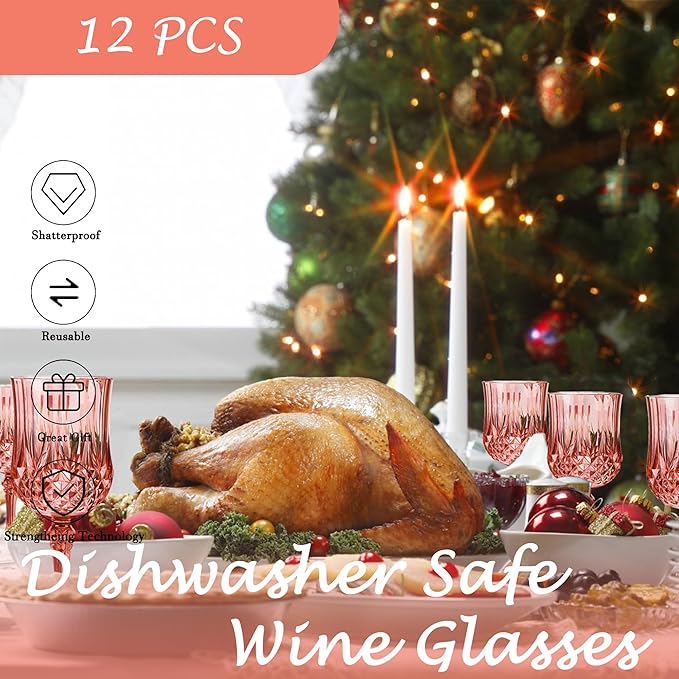 Plastic Wine Glasses,Plastic Goblets Vintage Style Cordial Drinking Glasses for Wedding Reception, Grand Event Party Supplies (12, Rose Gold)