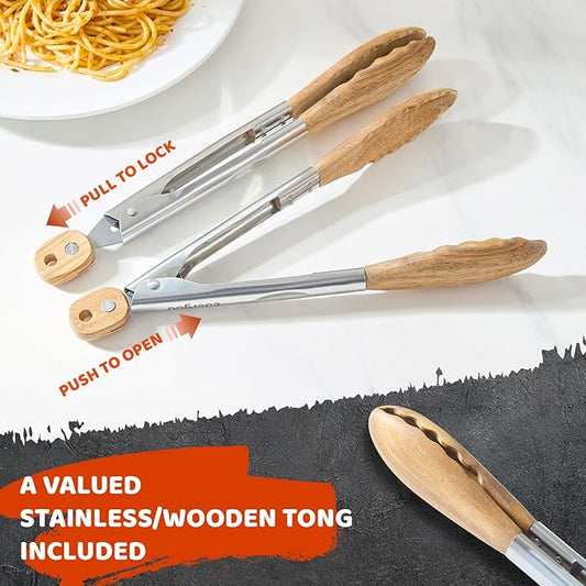 Wood Cooking Utensils Set, 5 PCS Wooden Spoons for Cooking Includes Stainless/Wood Kitchen Tongs, Non-Stick Wooden Utensil Set with Innovative Finger Groove & Non-Slip Notch Design, Black
