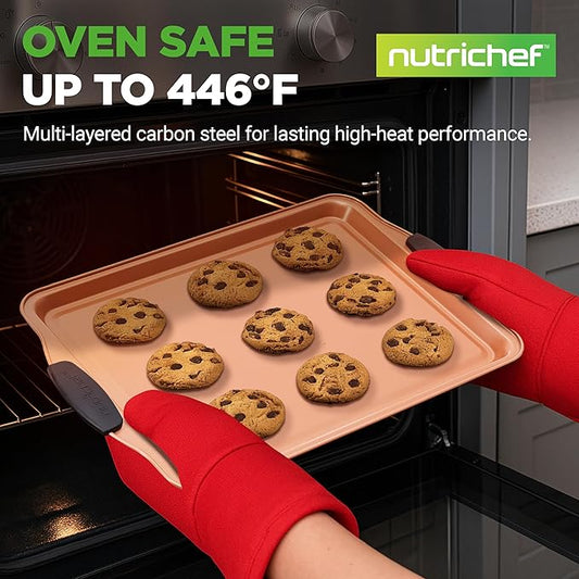 NutriChef 3 Piece Cookie Sheets for Baking - PFOA, PFOS, PTFE Free Nonstick Carbon Steel Bakeware Set - Home Kitchen Bake Pan Cookie Sheet Stackable Baking Sheet w/Black Silicone Handles NCSBS3S45
