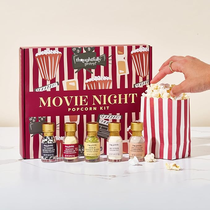 Thoughtfully Gourmet, Movie Night Popcorn Set, Includes Yellow and Mixed Popcorn Kernels, 10 Paper Bags, 5 Seasonings & Toppings