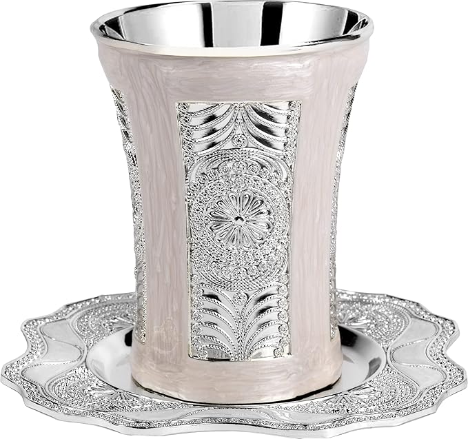 Ner Mitzvah Kiddush Cup and Tray - Premium Quality Marble and Silver Plated Wine Cup - For Shabbat and Havdalah - Judaica Shabbos and Holiday Gift