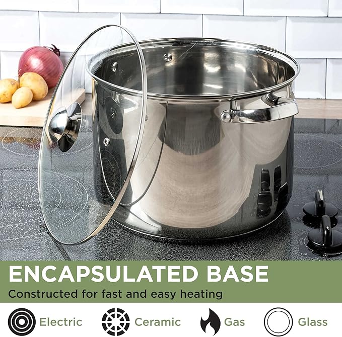 Ecolution Pure Intentions Stock Pot - Features Tempered Glass Lid, Stay-Cool Handles, and Encapsulated Bottom - Oven Safe - Curbside Recyclable Stainless Steel - 12 Quarts