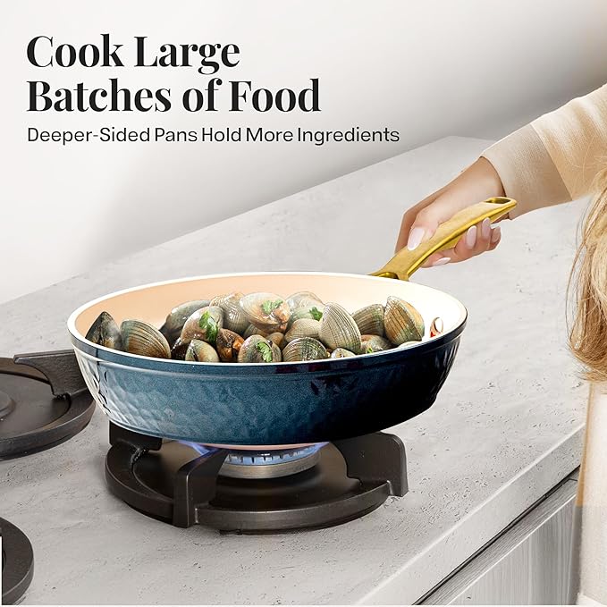 Gotham Steel Hammered 20Pcs Ceramic Cookware Set, Induction Pots and Pans Set Non Stick with Deep Fry Pan, Steamer, & Bakeware, Non Toxic PFOA PFOS Free, Oven & Dishwasher Safe