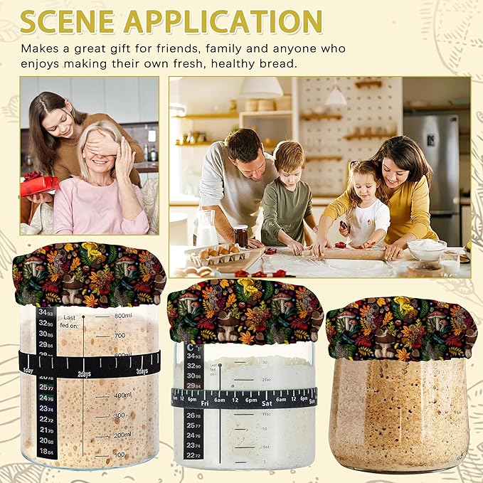 Sourdough Starter Jar Covers,5-Pack Reusable Mushrooms and Leaves Cloth Lids for 3-4 Inch Jars,Ideal for Kombucha Kefir or Cheese Fermentation