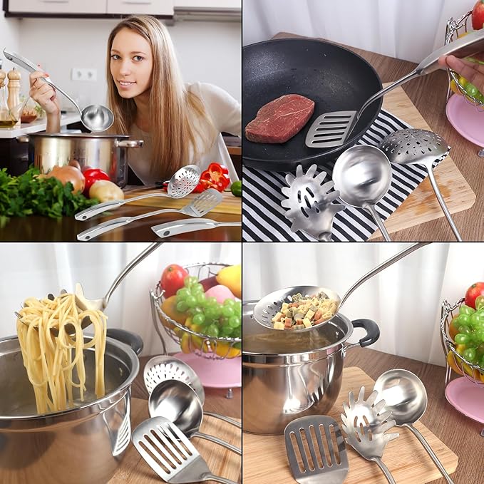 Newness 4 Pcs Cooking Utensils Set, 304 Stainless Steel Kitchen Utensils Set, Metal Kitchen Accessories, Include Soup Ladle, Slotted Skimmer Spoon, Spaghetti Spoon and Spatula, Dishwasher Safe