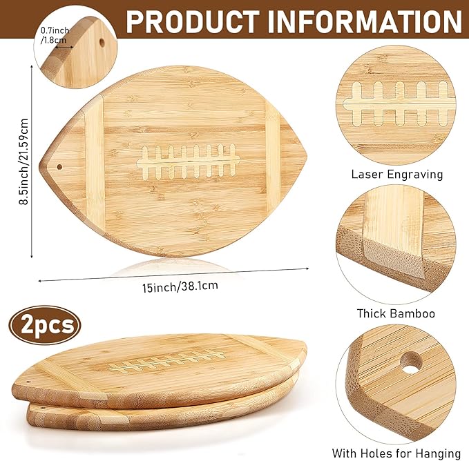 Foaincore 2 Pieces Football Cutting Board Bamboo Serving Tray 15 Inch Touchdown Engraved Charcuterie Cutting Board for Football Lovers Gift Themed Party Decoration Favor Supplies