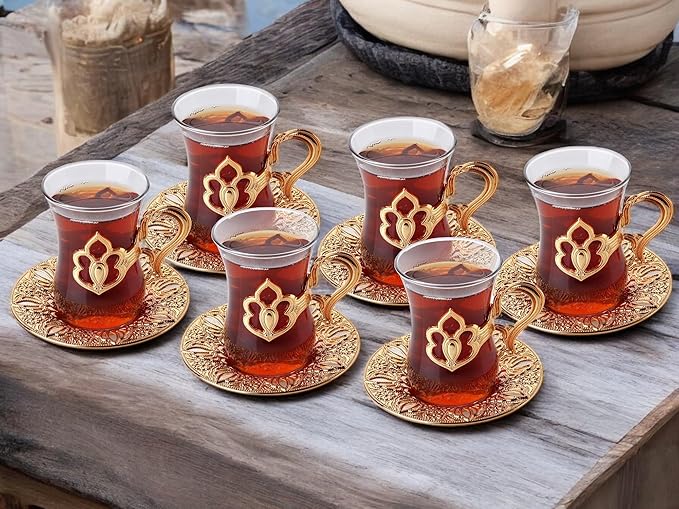 Alisveristime (SET OF 6) Turkish Tea Set with Zamac Holders, Glass Cups, and Saucers, 100ml Capacity, Elegant Serving Set in Gold and Silver (Harman) (Gold)