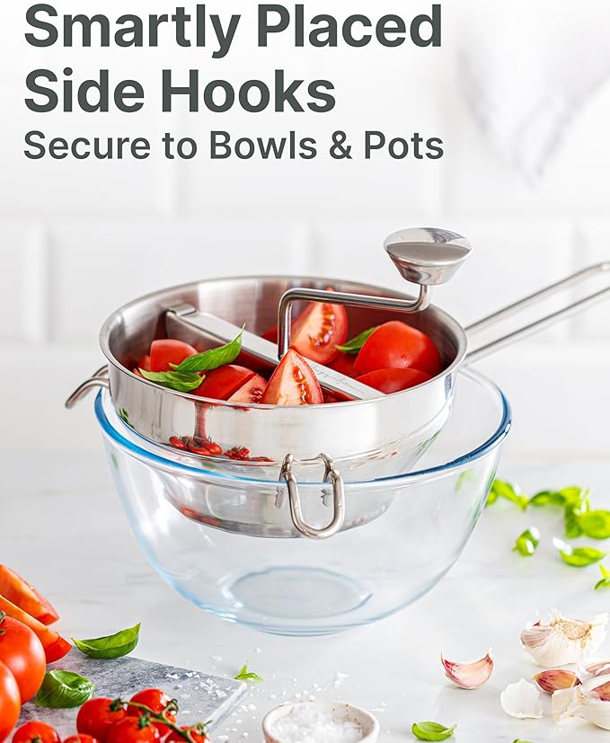 Upgraded 4-Disc Stainless Steel Food Mill – Ergonomic Rotary Design for Tomato Sauce, Applesauce, Baby Food, Mashed Potatoes, Jams, and More