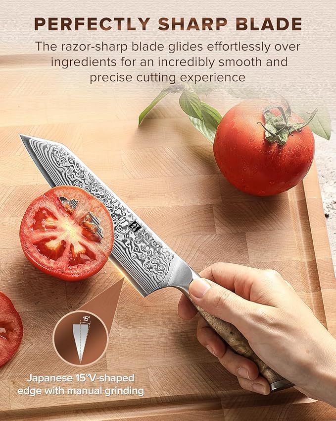 XINZUO Kiritsuke Chef Knife 5.8",Sharp Forged Damascus Stainless Steel Sharp Small Kitchen Knife,For Home & Restaurant,Full Tang Figured Sycamore Wood And Mosaic Copper Rivet Handle