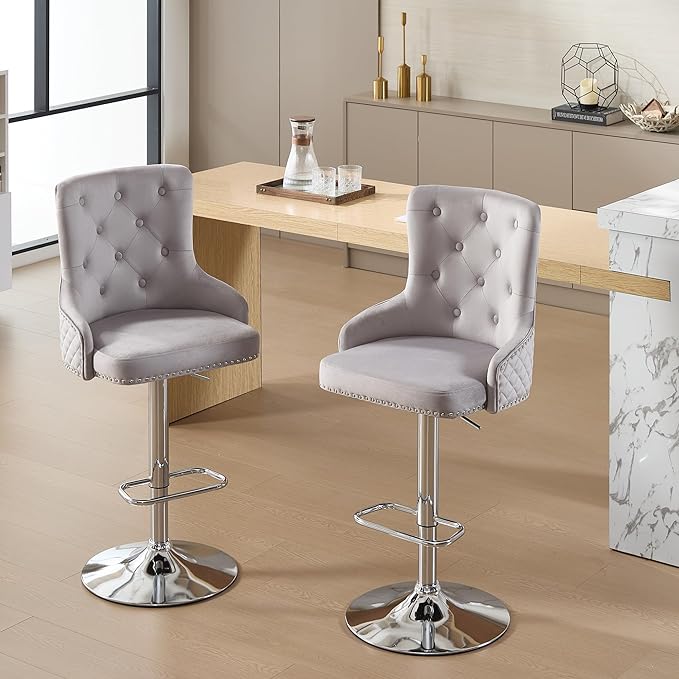 Velvet Adjustable Swivel Barstools Set of 2 with High Tufted Back, Modern Counter Height Stools with Chrome Base Footrest Pull Ring Rivet Trim for Kitchen, Dining Room, Pub (Grey)