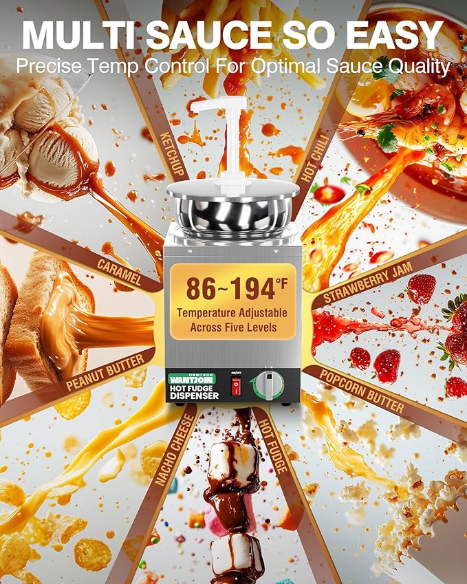 WantJoin 4.6Qt Nacho Cheese Dispenser with Pump - Nacho Cheese Warmer, Commercial Hot Fudge Dispenser W/5-Level Temperature Adjustment for Caramel, Stainless Steel Hot Fudge Warmer