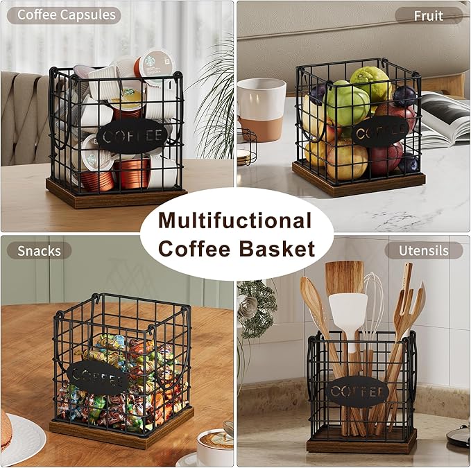 YINMIT K Cup Holder Organizer, Rustic Coffee Pod Holder Organizer, 35 Kcup Holder for Counter with Handle,Large Capacity Black Wire Coffee Capsule Basket for Kitchen Office Desktop (Square Grid)