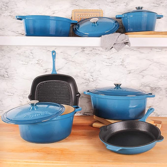BergHOFF 10Pc Neo Enameled Cast Iron Cookware Set, Matching Lid, Oven Safe Up To 400°F, Blue